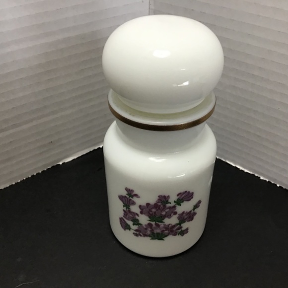 Vintage Milk Glass Apothecary Bottle with Purple Flowers, Made in Belgium - Picture 2 of 8